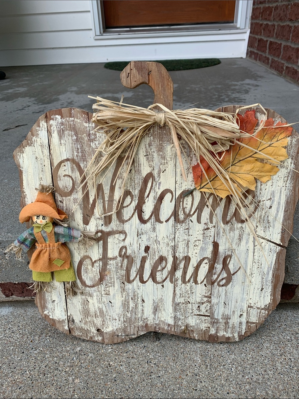 Rustic White and Brown 'Welcome Friends' Pumpkin Sign
